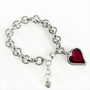 Brighton Silver Plated Bracelet Swirl Heart Charm Silver Black Tones Red Stone